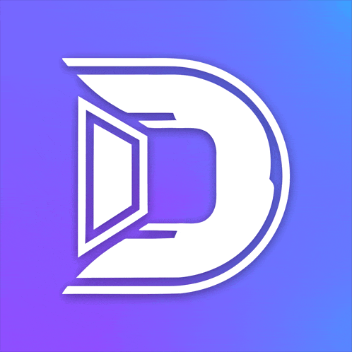 a purple background with a white letter d