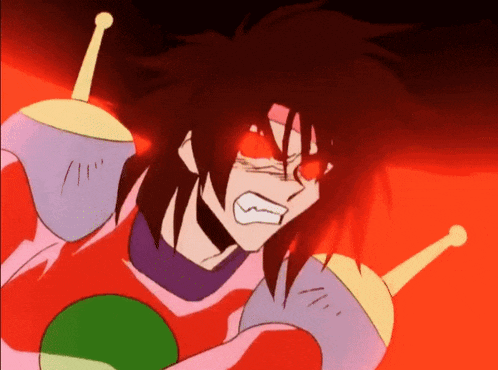 a cartoon character has red eyes and a purple shirt