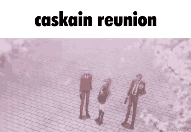 a group of people standing on a brick sidewalk with the words caskain reunion on the bottom