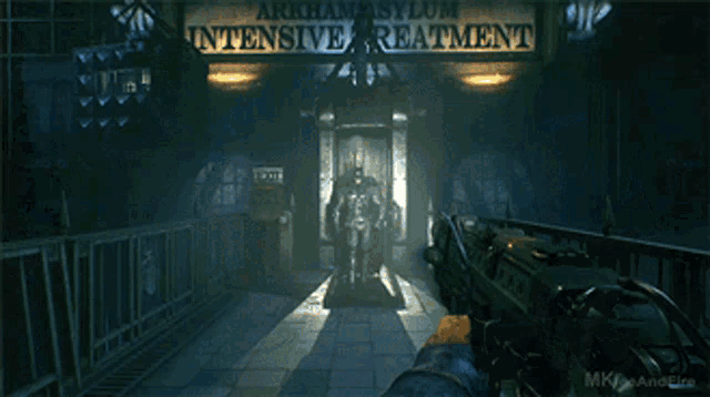 a video game is being played in front of a sign that says " intensive treatment "