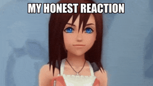 a girl from a video game is making a funny face with the words `` my honest reaction '' .