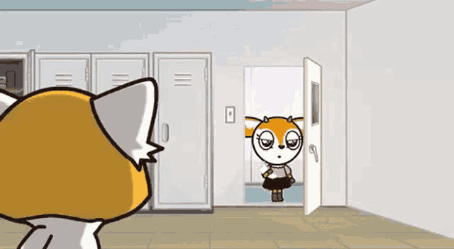 a cartoon cat is standing in a room with lockers and a door and talking to a younger guy .