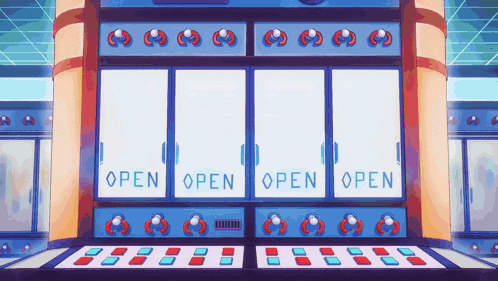 a cartoon illustration of a slot machine that says open