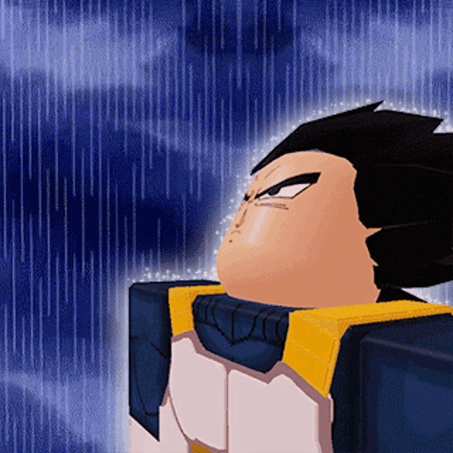 a cartoon character standing in the rain with a blue background
