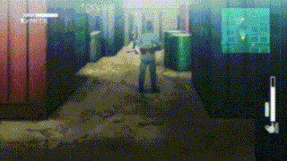 a video game screen shows a man standing in a hallway with the word meer on the bottom left