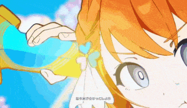 a cartoon girl with orange hair is holding a heart shaped object in her hand