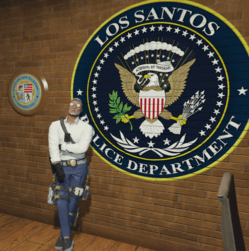 a man is standing in front of a los santos police department logo
