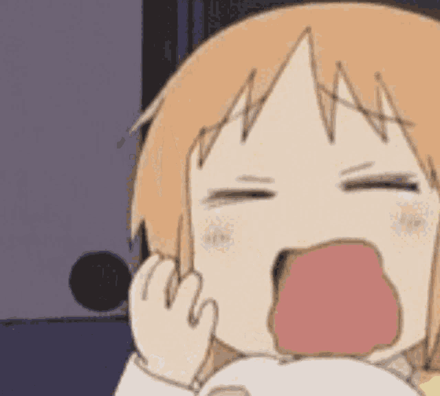 a cartoon girl is yawning with her mouth open and her hand on her face .