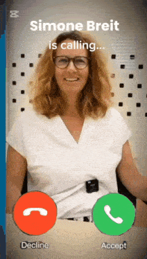 a woman is talking on a phone with the name simone breit