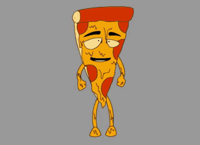 a cartoon drawing of a slice of pepperoni pizza with arms and legs