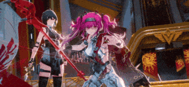 a girl with purple hair is holding a red spear