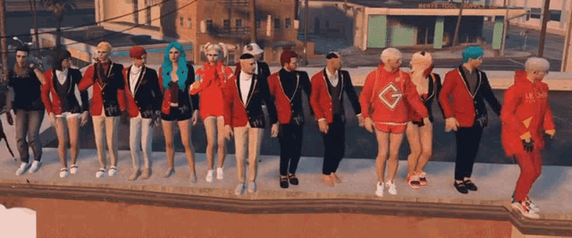 a group of people standing next to each other with one wearing a red sweatshirt that says l.a. smith on it