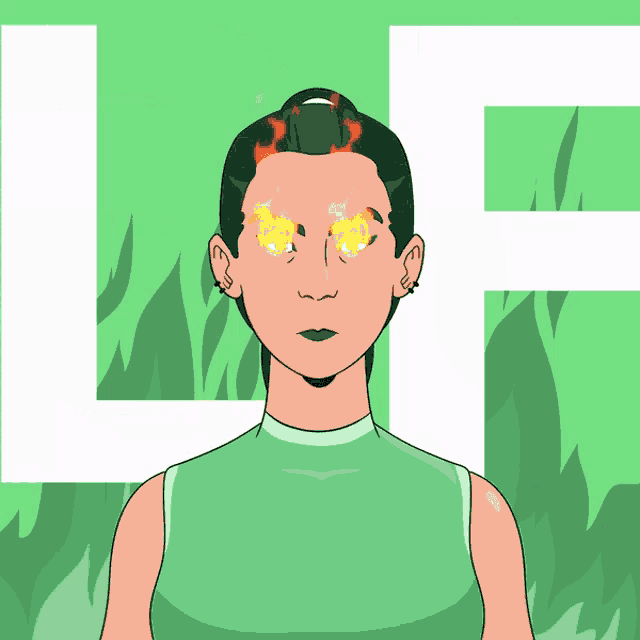 a drawing of a woman with flames coming out of her eyes and the letter l behind her