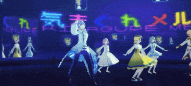 a group of anime characters are dancing in front of a neon sign that says " figure me "