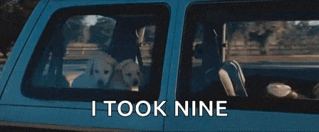 a man is driving a car with the words `` i took nine '' above him .