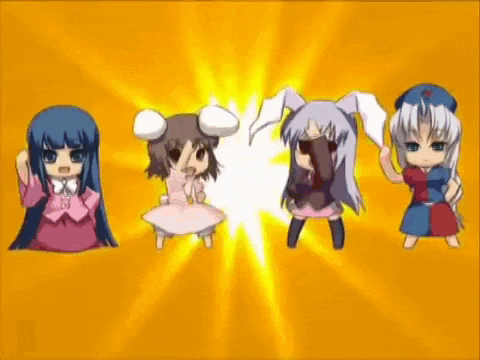 a group of anime characters are standing next to each other on an orange background .