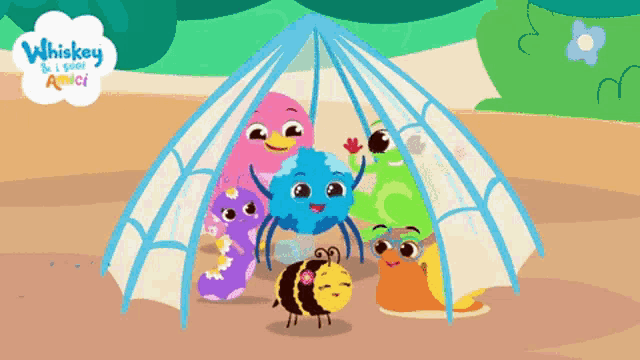 a group of cartoon characters are standing under a spider web with the words whiskey to i go ! written on the top