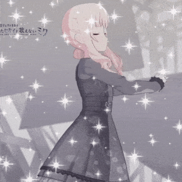 a girl in a black dress is surrounded by sparkles and has the word miku on her shirt