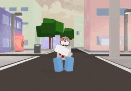 a cartoon character is standing in the middle of a street with buildings in the background