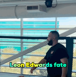 a man with a beard is standing in front of a fence with the words leon edwards fate written above him
