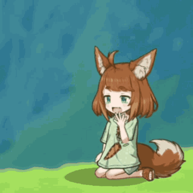 a cartoon girl with fox ears and a tail is kneeling down on the grass .