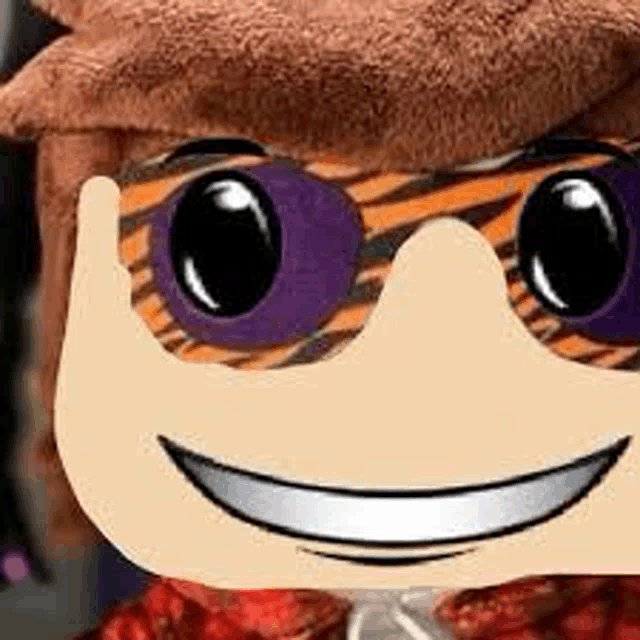 a close up of a cartoon character wearing sunglasses and a hat and smiling .