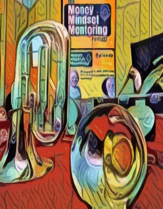 a colorful painting of brass instruments with a money mindset mentoring poster in the background