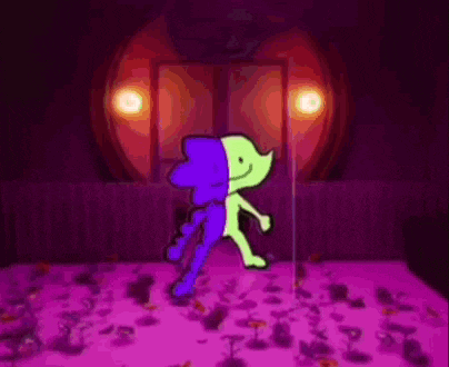 a purple and green cartoon character is dancing on a pole in a room .
