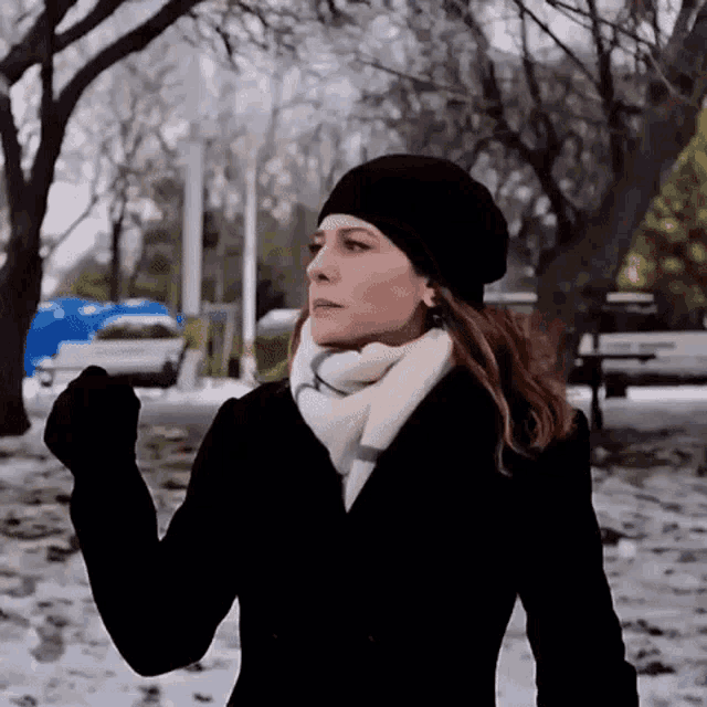 a woman wearing a hat and scarf is standing in the snow