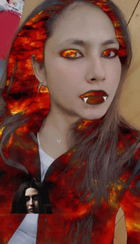 a woman with red eyes and fangs has a picture of a vampire on the bottom