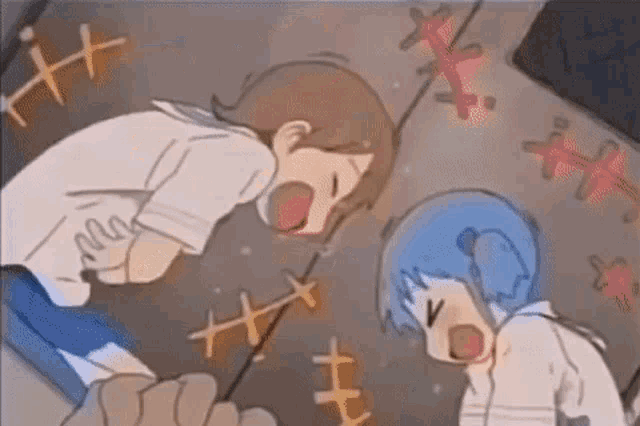 a couple of anime characters laying on the floor with their mouths open .