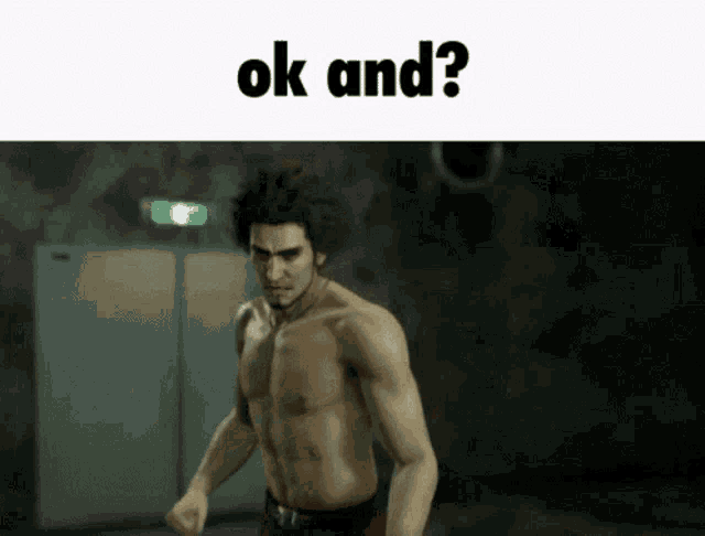 a shirtless man is standing in a dark room with the words ok and ? above him