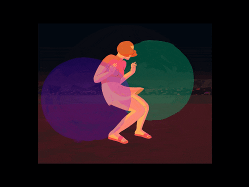 a colorful drawing of a woman dancing with a green circle in the background