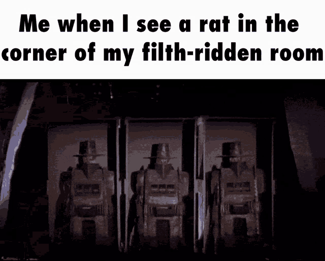 a picture of a rat in a cage with the caption me when i see a rat in the corner