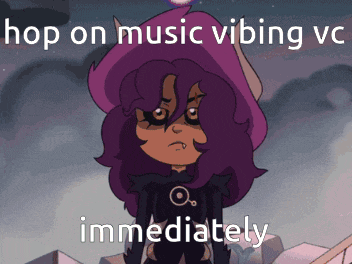 a cartoon of a girl with purple hair and the words hop on music vibing vs immediately