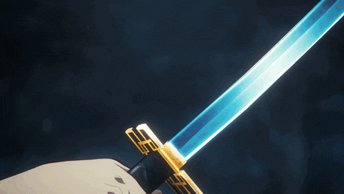 a person holding a sword with a blue blade and a gold handle