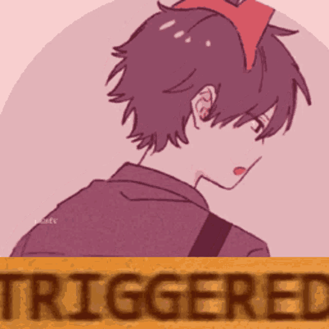 a drawing of a boy with a red bow on his head and the word triggered below it