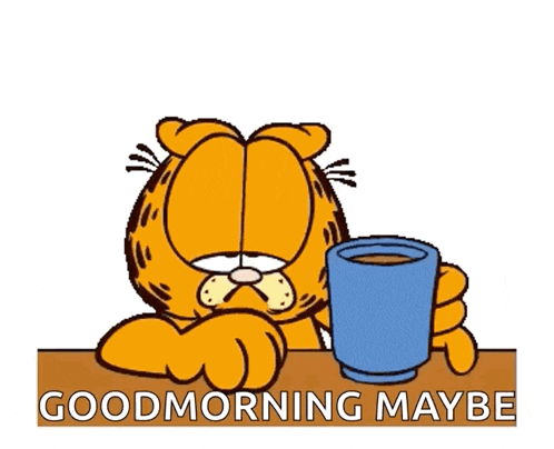 a cartoon of garfield holding a cup with the words " good morning maybe " underneath