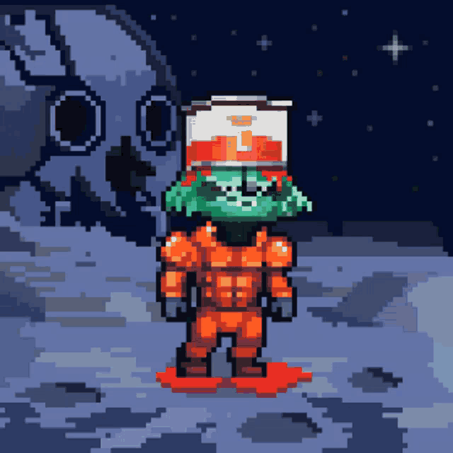a pixel art drawing of a frog wearing an orange suit