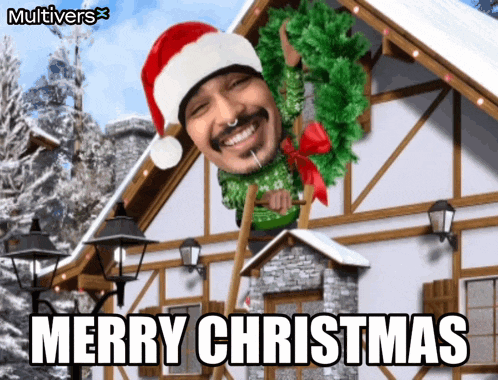 a man wearing a santa hat is hanging from the roof of a house with the words merry christmas written below him