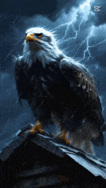 a bald eagle is standing on a roof with lightning behind it