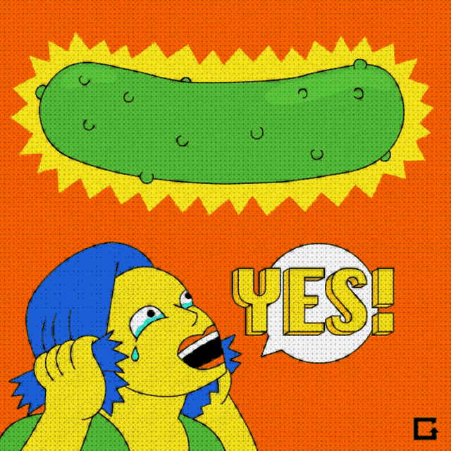 a cartoon of a woman crying next to a pickle with the word yes in a speech bubble