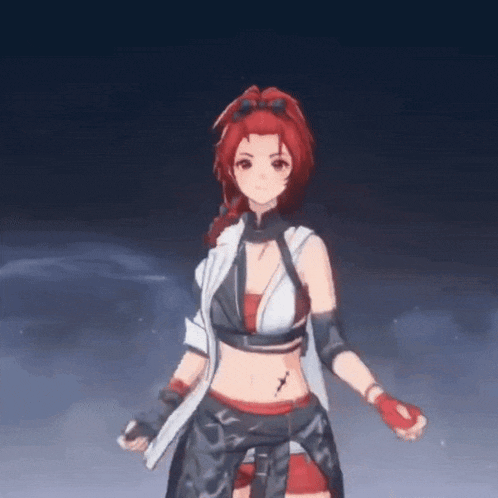 a female anime character with red hair is standing in the dark