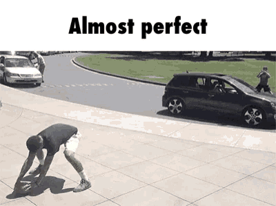 a man is doing a trick on a sidewalk while a car is parked behind him .