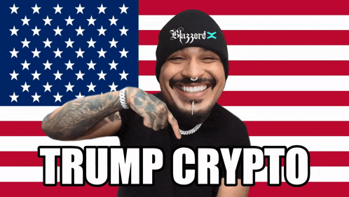 a man in front of an american flag with the words trump crypto on the bottom