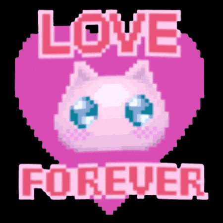 a pixel art of a cat with the words love forever written on it