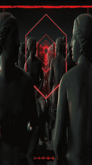 a black and red image of naked statues with the word gifmk7