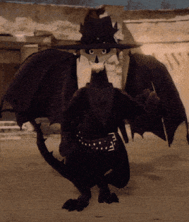 a cartoon dragon wearing a black hat and a black belt