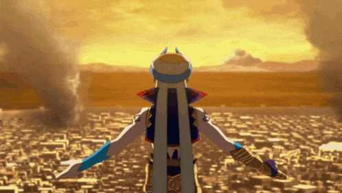 a cartoon character is standing in front of a desert with smoke coming out of it