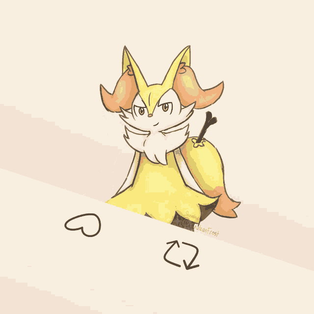 a drawing of a fox holding a bone with hearts drawn in the background